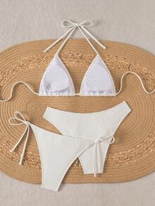 SHEIN Swim 3pcs Women's White Summer Casual Vacation Holiday Pool Party Knit Halter Neck Backless Tie Top,Knotted Triangle Bikini Set,Elegant Swimwear - White - View 2