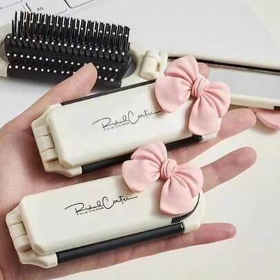 Pente com Almofada de Ar Dobrável 2 em 1 com Espelho, Escova de Cabelo Portátil Branco Leite para Desembaraçar e Massagear o Couro Cabeludo
