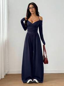 Flirla Women's Solid Color Ruched Long Sleeve Jumpsuit With Neck Tie Evening Night Out Navy Blue Autumn Elegant - Navy Blue - View 5
