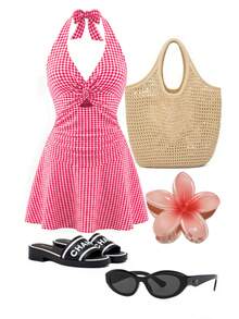 GlowEve 女士格子吊带扭结设计短裙 - 紅色 - 查看 3