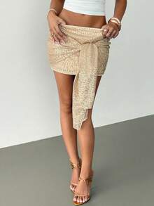 Siren Gaze Women's Shimmering Gold Sequin Mini Skirt With Elegant Front Tie Detail Perfect For Parties, Sparkle Skirt, Sequence Skirt, Gold Skirt, Glitter Skirt, Rhinestone Skirt, Shiny Mini Tight Mesh Sequin Low Waist Party Mini Skirt - Apricot - View 4