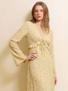 lacRébo Black Floral Print V-Neck Tie-Front Midi Dress With Ruffled Details And Long Sleeves - Pale Yellow - View 3