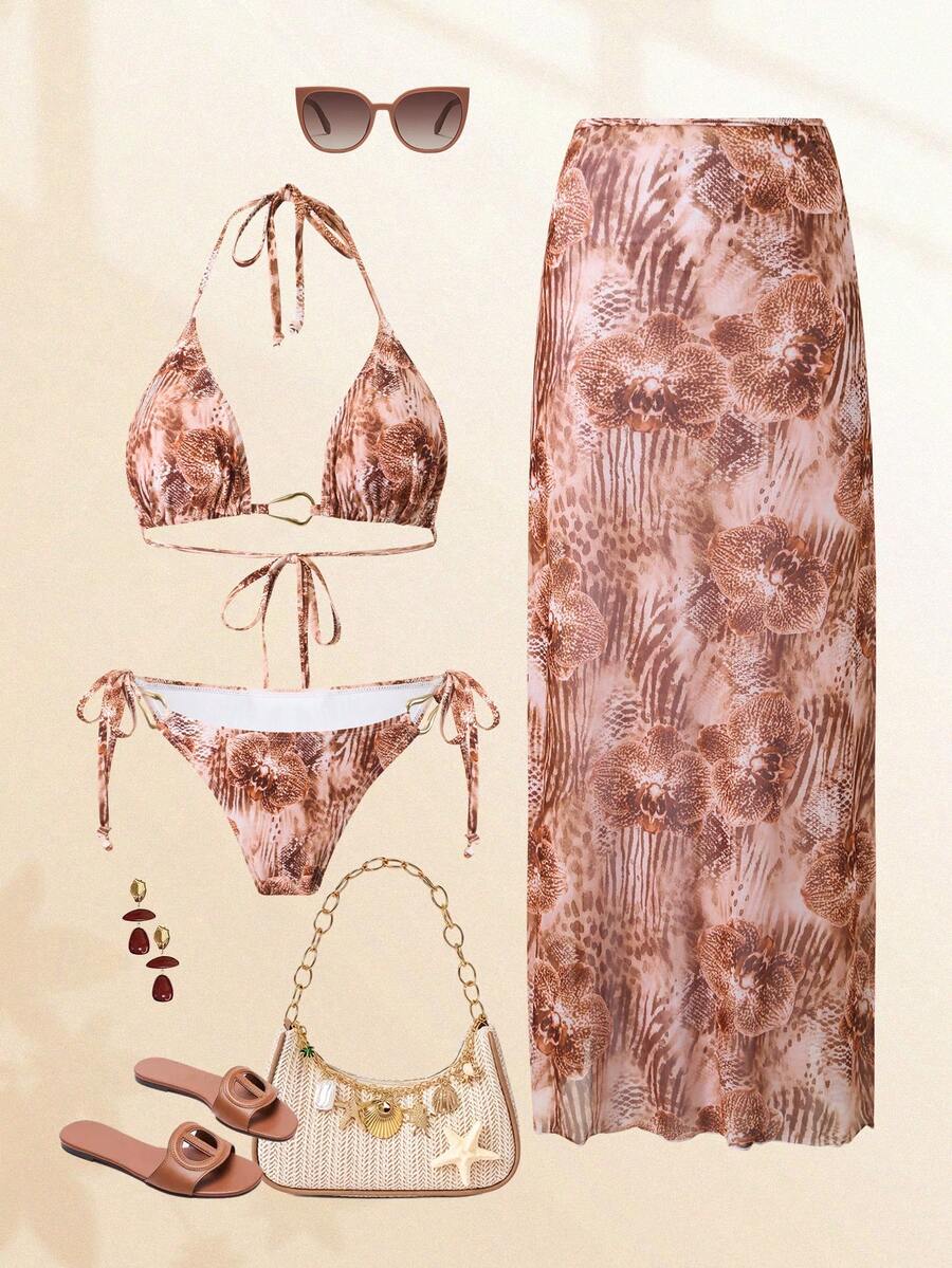 Bonvoyette Women's 3 PiecesTropical Print Bikini Set, Vacation Casual - Multicolor - View 1