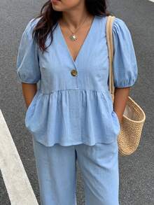 Enliva 大码女式荷叶边泡泡袖两件套，V领上衣搭配弹力腰裤，夏季女式两件套，适合曲线身材的女士度假装，适合苹果型和圆润身材，夏季必备 - 藍色 - 查看 6