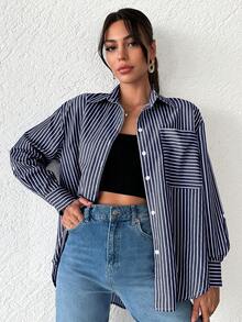 SHEIN Cottnline Striped Print Drop Shoulder Shirt - Navy Blue - View 4