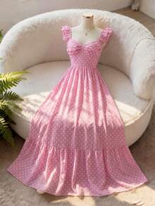 Elenzga Elegant Romantic Delicate Women's Dress, Spaghetti Strap Ruffle Waist A-Line Polka Dot Dress - Multicolor - View 1