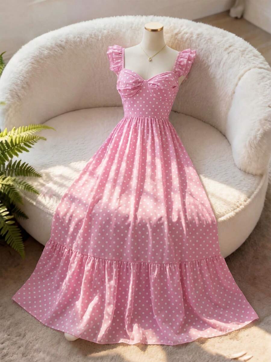 Elenzga Elegant Romantic Delicate Women's Dress, Spaghetti Strap Ruffle Waist A-Line Polka Dot Dress - Multicolor - View 1