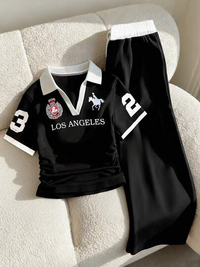 Teenage Girls' Casual Sports Set, Featuring Polo Collar Contrast Stitching, Embroidered Chest, Pleated Waist Short Sleeve Top And Wide Leg Drawstring Pants. This Navy Blue Sports Set Balances Comfort And Style Perfectly. Refined Yet Not Flashy, The Adjustable Waist Wide Leg Pants And Contrast Polo Collar Can Flatter The Neckline. An Essential Summer Outfit For Lounging, Workout, Or Outdoor Wear.