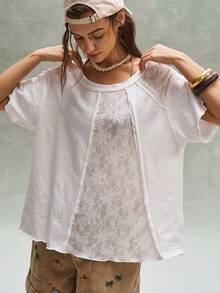 Bohemela Áo thun nữ dáng rộng tay ngắn, cổ tròn, màu trơn, phối ren, kiểu dáng thường ngày. - trắng - Xem 2