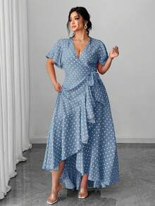 SHEIN Unity Vestido envolvente de lunares talla grande con cintura anudada, volantes en el bajo y abertura lateral - Azul - Ver 5