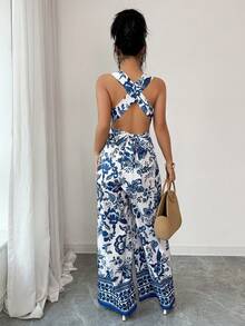 Islaluna V-Neck Tie-Waist Wide Leg Jumpsuit, Blue, Women's Romper, Casual Summer Outfit For Ladies - Blue - View 2