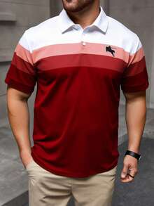 Manfinity Homme Plus Size Men's Knight Print Striped Short Sleeve Casual Polo Shirt - Red - View 3