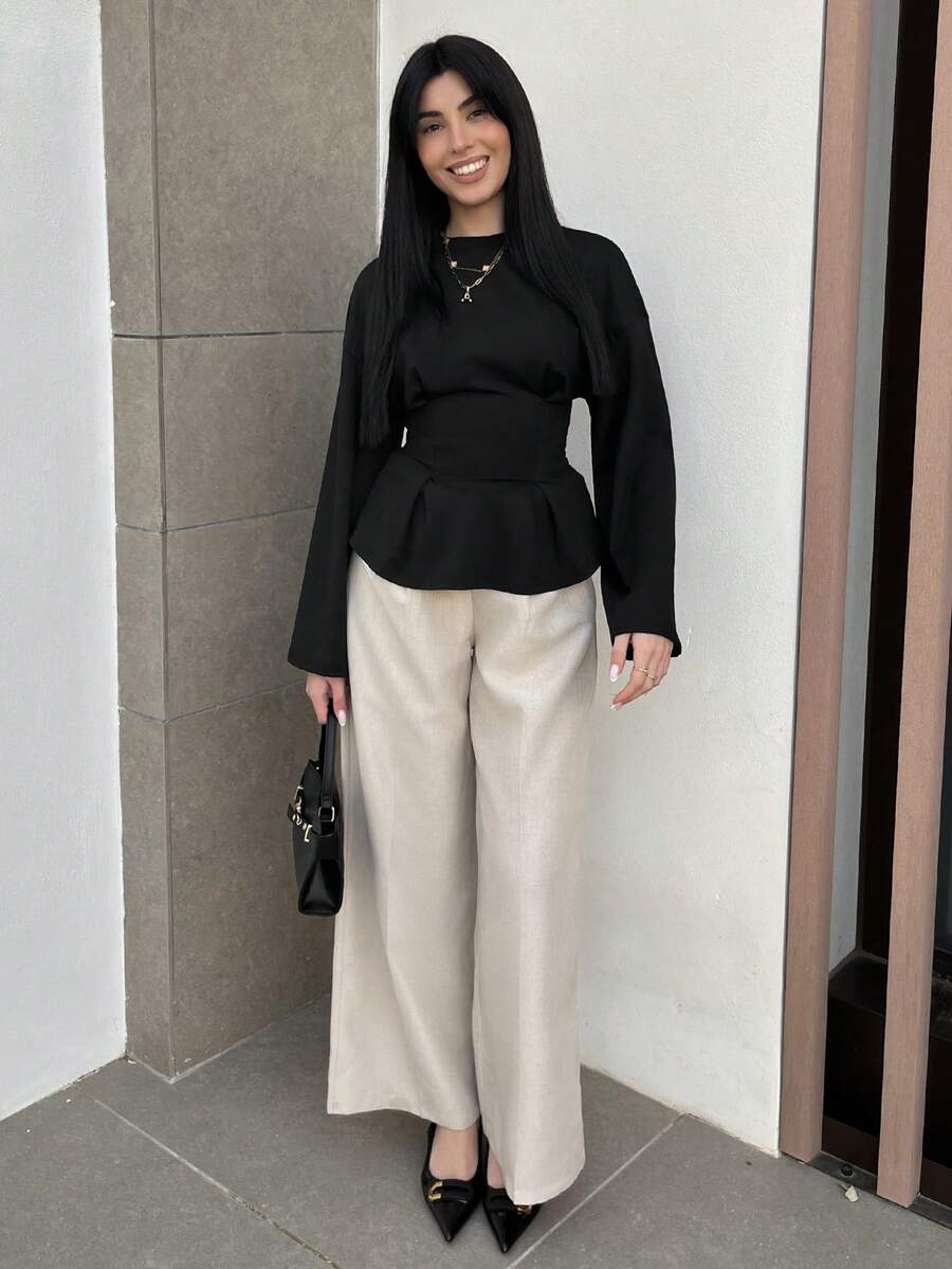 Hitanina Siren Gaze Women's Solid Color Round Neck Long Sleeve Cinched Waist Pleated Hem Casual T-Shirt Black,Black Top - Black - View 1