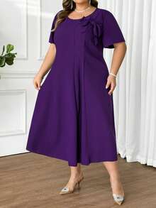 SHEIN CURVE+ Đầm dài ngang gối thanh lịch cổ tròn tay ngắn, màu trơn, trang trí nơ, dành cho nữ cỡ lớn. - Màu tím - Xem 3