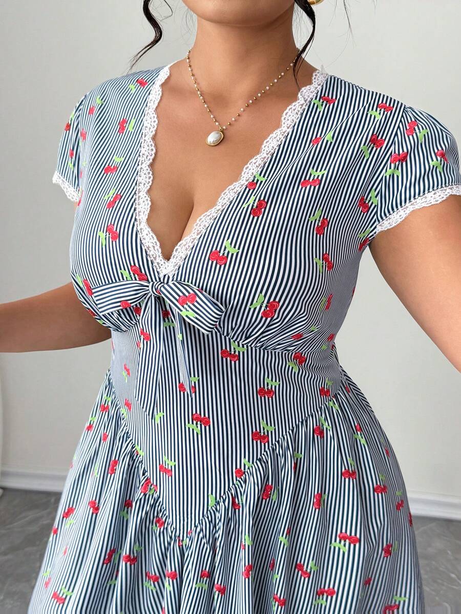 Elenzga Vestido de mujer de talla grande con estilo vintage francés, con estampado de rayas y cerezas, cuello en V, manga corta, cintura ceñida y decoración de lazo, adecuado para primavera/verano, vuelta al colegio, vacaciones, graduación, días festivos, San Valentín, Navidad, festivales de música, Día de la Madre, Halloween, Acción de Gracias, Pascua, Día Nacional, bailes, cumpleaños, citas, fiestas, bodas, actividades al aire libre - Multicolor - Ver 1