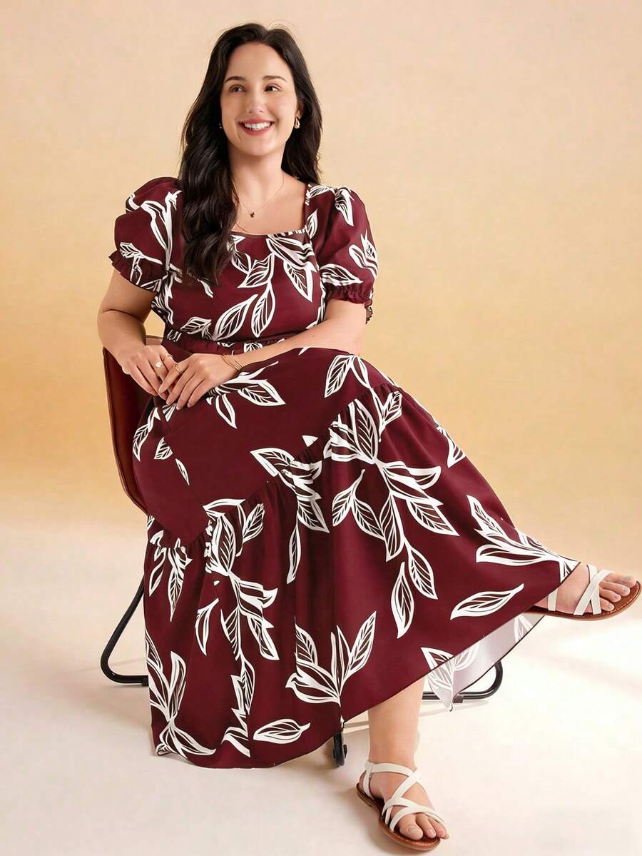 Momelise Große Größen Damen bedrucktes Gewebe Quadratausschnitt Kurzarm A-Linie locker Casual Urlaub Alltag modisch bequem elegantes Kleid, geeignet für Frühling und Sommer - Verschiedenfarbig - Übersicht 1