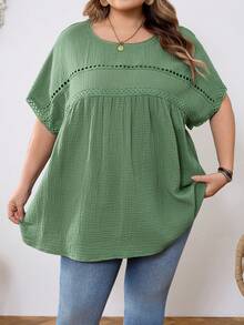 SHEIN CURVE+ 加大码 US22 音乐节、海滨度假、波西米亚风休闲纯色蝙蝠袖衬衫 夏季/乡村/海滩度假/沙滩装、夏季上衣 - 綠色 - 查看 6