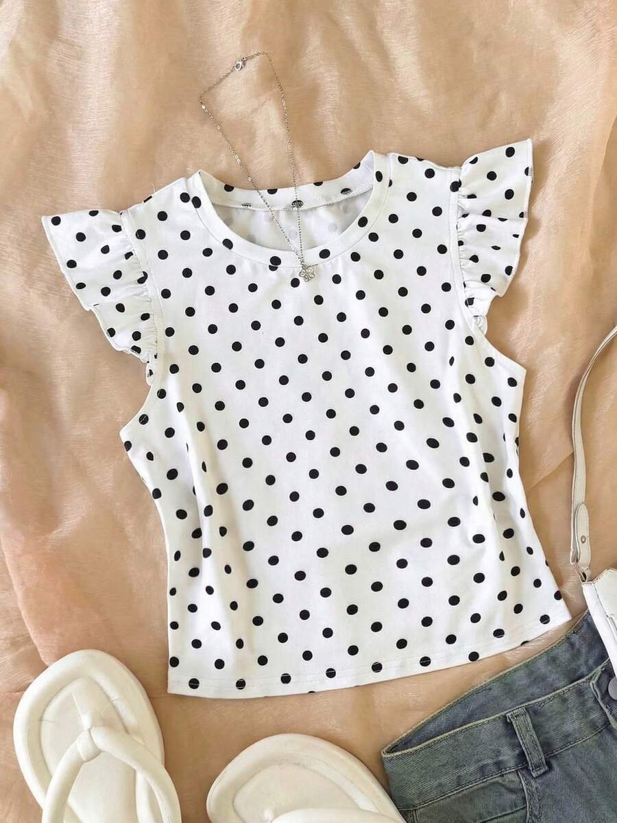 SHEIN 少女休闲圆领波点短袖T恤 - 黑與白 - 查看 1
