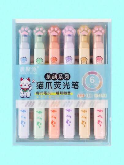 6pcs Cat Paw Design Mixed Color Highlighter Pen, Cute Multi-Purpose Highlighter For Office, School, Student, Painting, Marking Back To School