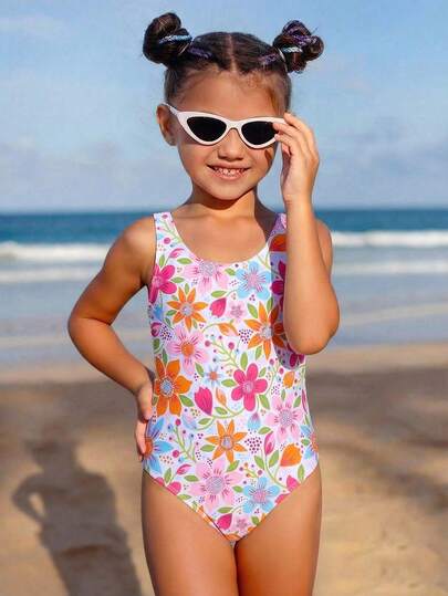 Maiô de uma peça com alças largas e estampa floral para meninas, design de gola redonda, elegante e casual, adequado para natação, férias de verão, praia e beira-mar