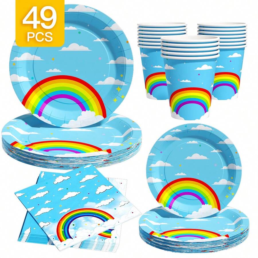 Set de farfurii, șervețele și pahare de unică folosință Rainbow Clouds, pentru 8 persoane. Acest set de articole pentru petreceri de unică folosință (include farfurii, șervețele și pahare) este perfect pentru petreceri de ziua de naștere, nunți și picnicuri în familie. - Vizualizare 1
