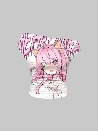 ROMWE Anime Aesthetic Sexy Asymmetrical Shoulder Pink Music Festival Vintage T-Shirt For Women