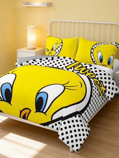 LOONEY TUNES X SHEIN 三件套黄色翠迪印花被套，磨毛材质，柔软保暖，多种尺寸可选，适用于单人床/双人床/大号床/特大号床，可机洗