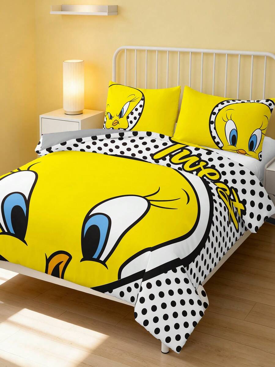 LOONEY TUNES X SHEIN 3Pc Yellow Cui Di Printed Quilt Cover Set, Sanded Material, Soft And Warm, Multiple Sizes, Suitable For Single Bed/Double Bed/Queen Bed/King Bed, Machine Washable - Grey - View 1