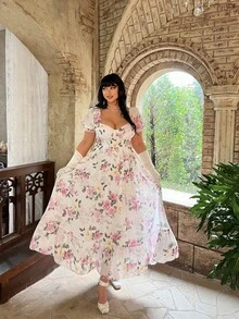 Lyrianda New Summer Fashion Elegant Cinched Waist Ditsy Floral Long Sleeve Dress - White - View 6