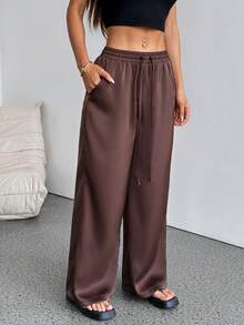 SHEIN PETITE 女士夏季乡村音乐会外出海滩装扮波西米亚风简约水洗100%纯棉白色弧形裤脚裤 - 棕色 - 查看 3