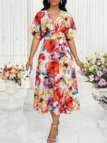 SHEIN Lady Women's Casual Vacation Style V-Neck Batwing Sleeve Dress - Multicolor - View 3