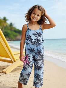 Young Girls 3-Piece Bikini Set, Blue Coconut Tree Print Knit Fabric, Spaghetti Strap, Ruffled Hem Bottoms, Mesh Flared Pants, Fashionable Casual Elegant Swimwear Suitable For Swimming, Summer Vacation, Beach, Pool Party - Blue - View 1
