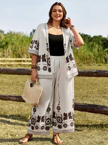 EMERY ROSE 2pc Set Plus Size Women's White Summer Boho Flowy Vacation Holiday Floral Print Shirt Top And Wide Leg Pants With Pockets,Country Concert Outfit - Multicolor - View 1