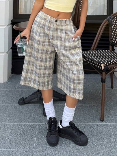 Muchica Women's Plaid Woven Wide Leg Pants ,Cropped Plaid Trousers,Long Shorts Viral Pants,Streetwear Sporty,Summer/Spring Outfit For Women