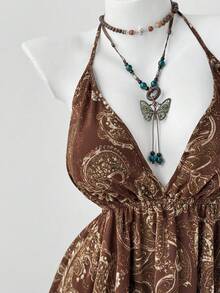 Sunspun 春季、夏季、节日、波西米亚风、嬉皮风、牛仔装、复古新潮设计、西部风、度假风、雪纺印花V领镂空吊带系腰修身雪纺不对称下摆连衣裙、西部服饰、夏季女装 - 彩色 - 查看 3