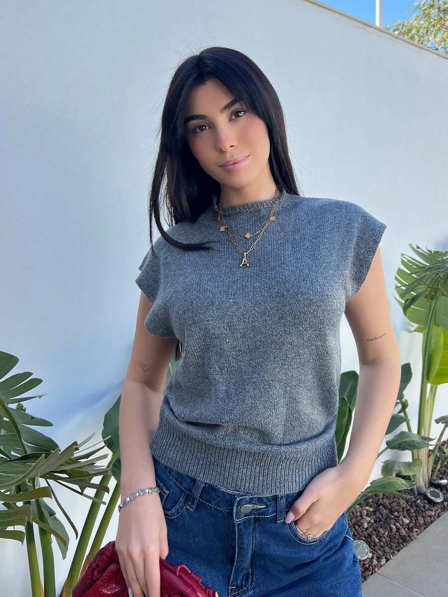 Hitanina Elegant High Neck Loose Casual Versatile Sleeveless Knit Sweater Vest In Fall/Winter - Dark Grey - View 1