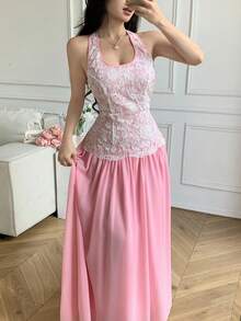 Celisse Abito elegante da donna con collo alla halter, senza schienale, in rete ricamata, vita aderente - Rosa - Visualizzare 7