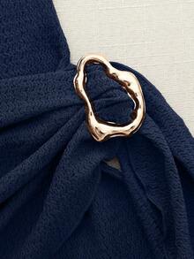 Olithes 时尚新款春夏约会之夜性感优雅修身高领金属扣褶皱无袖连衣裙（女款） - 藏蓝色 - 查看 8