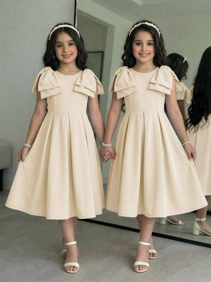 Tween Girl Spring/Summer Elegant Beaded Dress With Large Bow Decor, Apricot, Tween Girl - Apricot - View 1
