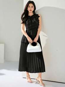 Heiryn Women's Sleeveless Ruffle Tiered A Line Long Dress Elegant Classy Pleated Maxi Dress In Black For Evening Party Dinner Summer - Black - View 5