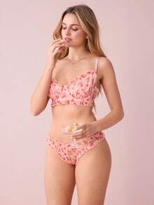 Bonmuse 2 件套女士性感内衣：粉色牡丹印花网眼褶皱钢圈性感文胸搭配褶皱丁字裤性感内裤，可爱 - 粉色 - 查看 7