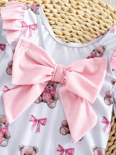 SHEIN Newborn Colorblock Bow & Cartoon Bear Pattern Casual Cute Beach Swimwear
