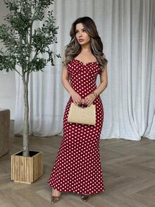 Jemour Spring/Summer Black & White Polka Dot Sexy Backless Spaghetti Strap Dress For Women - Red - View 5