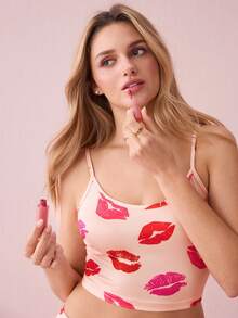 唇印吊带背心和裤子 睡衣套装 / 睡衣套装 - 杏色 - 查看 6