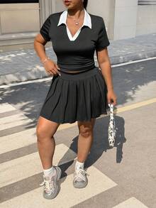 Muchica Plus Size Women 2pcs/Set Contrast Color Polo T-Shirt & Pleated Mini Skirt,Black And White,Summer,Casual,Bussines,School,Back-To-School - Black and White - View 5