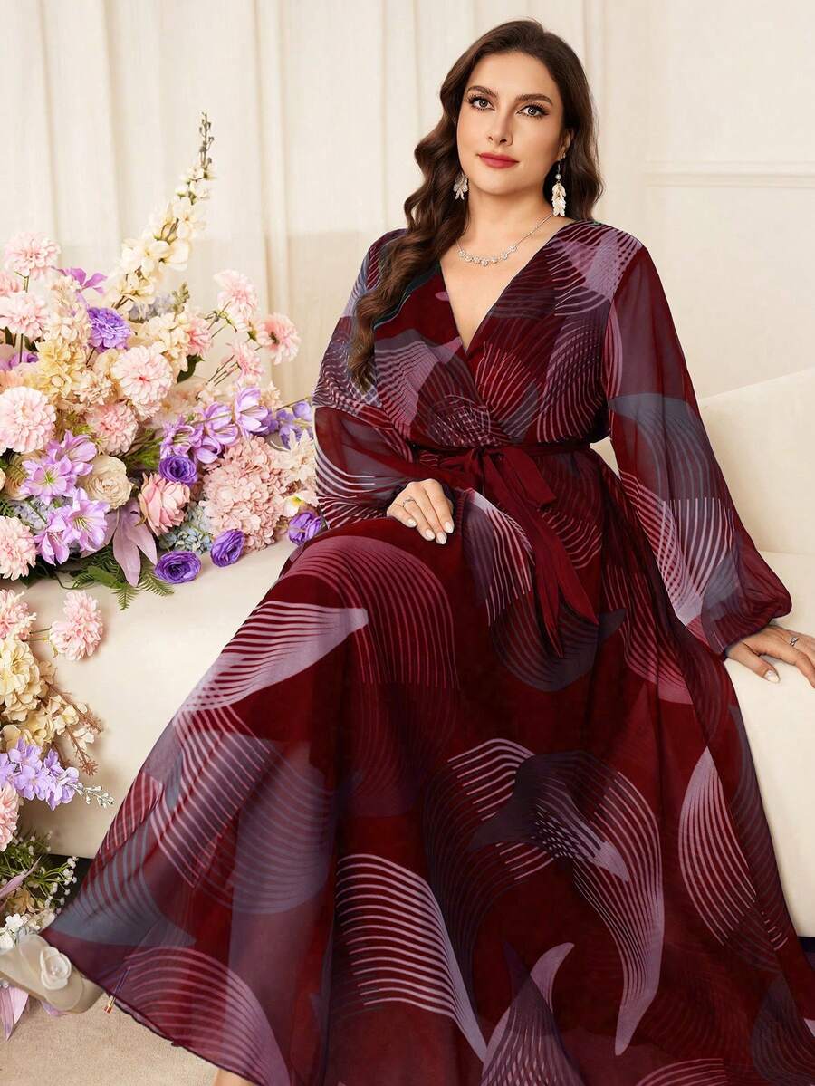 Modelyn Vestido midi listrado elegante e modelador de cintura para mulheres plus size - Borgonha - Ver 1