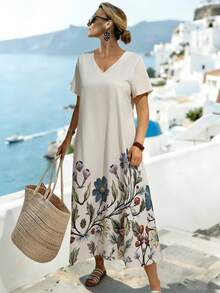 Linhara CURVE Große Größen Kleid mit Blume Muster, V-Ausschnitt, Lässig Urlaubskleid mit Kurzarm - Aprikosenfarben - Übersicht 3