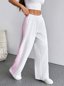 SHEIN PETITE Women's White Striped Knitted Sweatpants Extra Long Straight Leg Pink Side Stripe Loose Fit Casual Track Pants For Everyday Wear White Beach Pants White Wide Leg Pants Women Wide Pants Wide Leg Summer Pants Pants Women White Track Pants Women - White - View 4