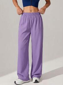 Solid Elastic Waist Straight Leg Pants - Lilac Purple - View 4