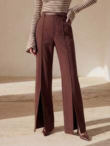 Anewsta Pantalones de pierna acampanada con diseño de abertura frontal para mujer, pantalones elegantes y versátiles de longitud completa - Café integral - Ver 3